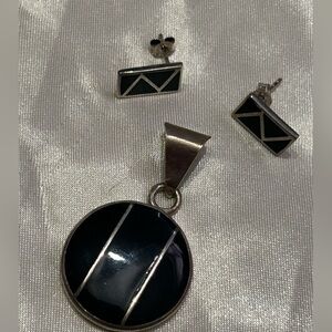 Black and sterling Silver vintage Geometric Pendant and Earring Set